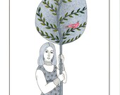 10" x 8" Art Illustration Drawing Pen And Ink Drawing Woman With Tree Stylised Narrative Black, White, Green, Bird Bird In Tree Leaves