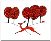 10" x 8" Watercolor Ink Art Illustration Print Red Black Deer Animal Trees Graphic Art Landscape Stylised