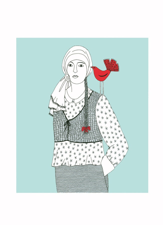 10" x 8" Print Red Aqua Black White Art Illustration Pen And Ink Drawing Bird Art Ink Art Woman With Bird Folk Art Contemporary Art