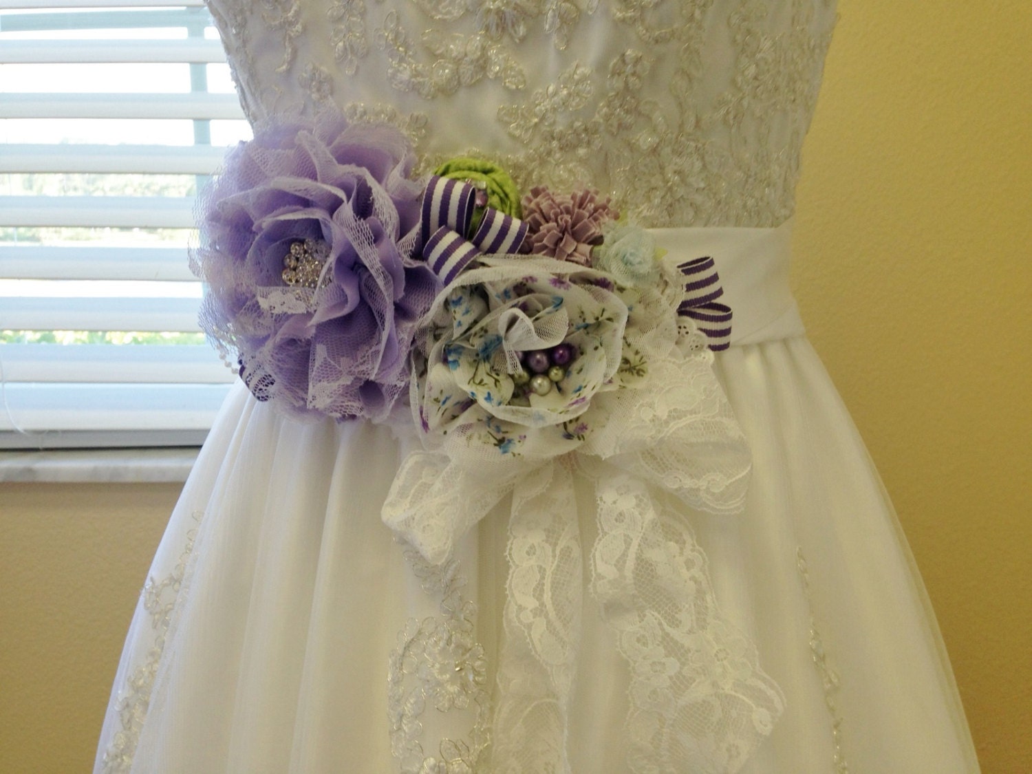 Lavendar, Sage and White Rosette Maternity or Bridal Sash Vintage-inspired w/ Handrolled Fabric Rosettes & Feathers