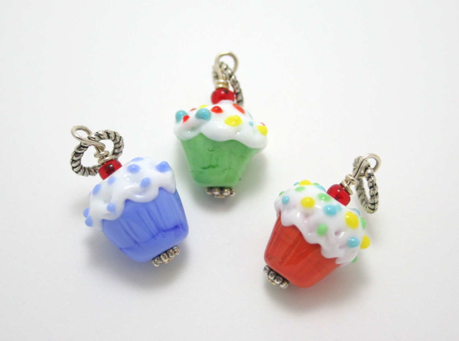 Lampworking Cupcakes with Sprinkles Pendant on  20" Black Cord: Choose Blue, Green, or Carrot (Reddish Orange)