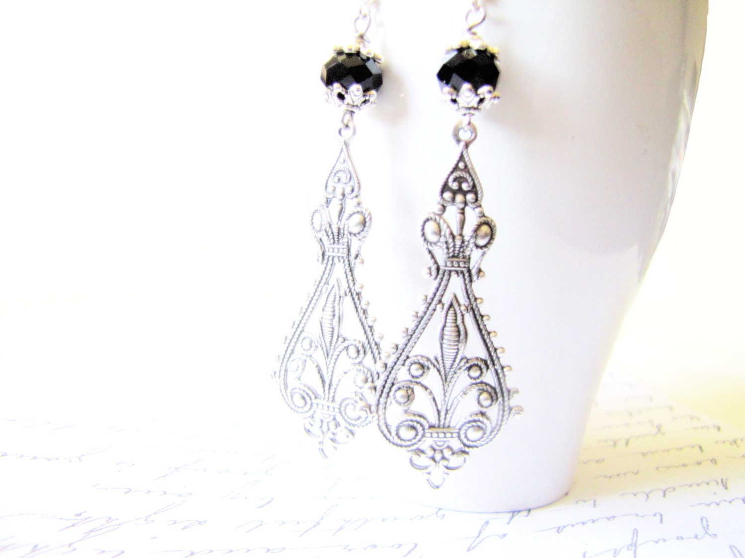 Wedding Earrings Antique Silver Filigree Earrings Black Crystal Earrings Victorian Jewelry Maid of Honor Bridesmaid