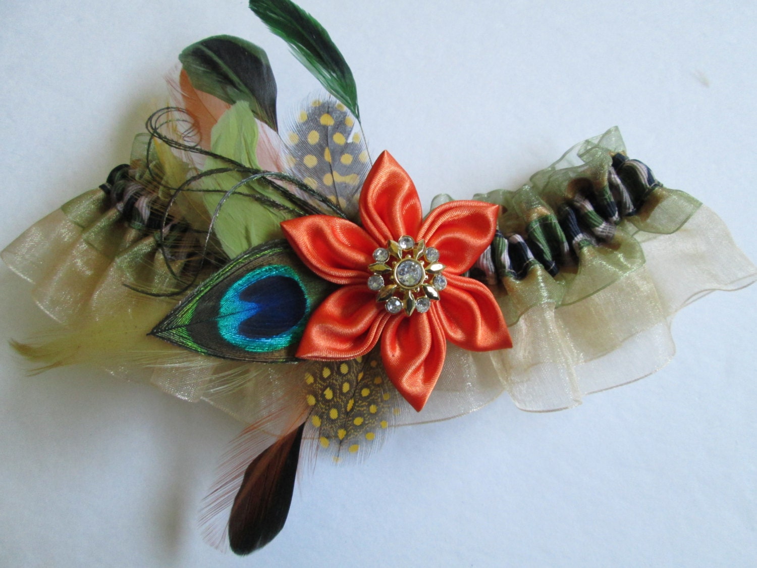 Camouflage Garter & Hair Clip, Orange Garter, Gold Rustic Garter, Camo/Olive/Green Garter, Peacock Garter, Kanzashi, Steampunk Prom Garter
