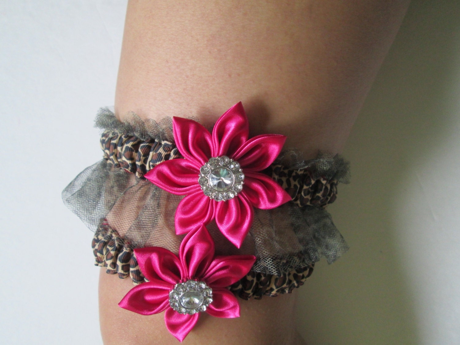 Bridal Garters, Wedding Garters, Leopard Garters, Fuchsia Pink Garters, Bling Garter, Kanzashi Flower, Pink Prom Garter, Leopard Tulle