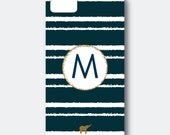 iPhone 5 or 4/4S Case - Classic Monogram and Rippled Stripes in Navy, Customized with your Initial