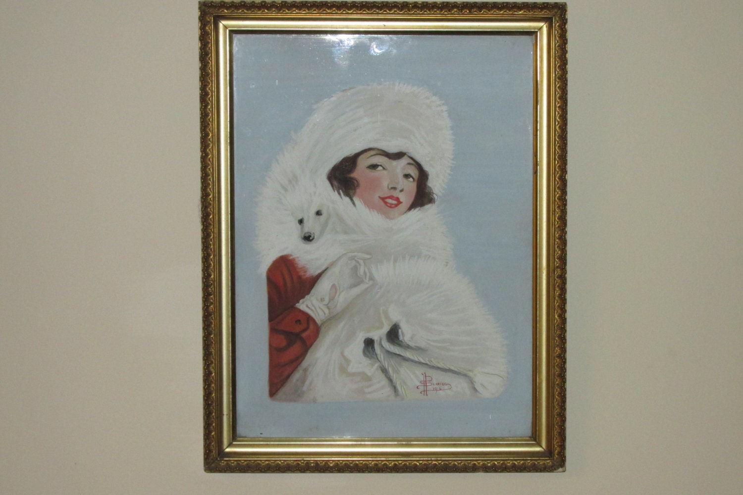 Original Painting Signed Bearing 1916 Antique Fashion Illustration Lady with White Fox Fur Shawl and Muff  Fine Art  Model Portrait