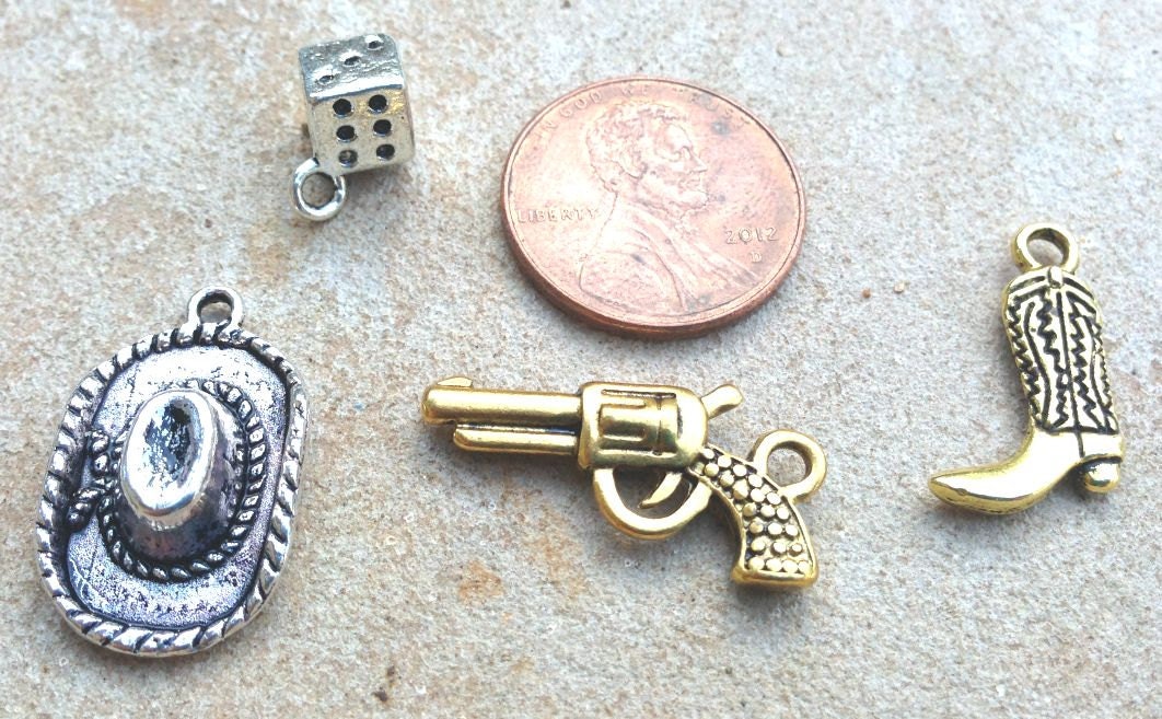 Add a Charm to Your Design, cowboy hat, pistol, gold pistol, cowboy boot gold, dice, gamble charm, casino charm, cowboy charms