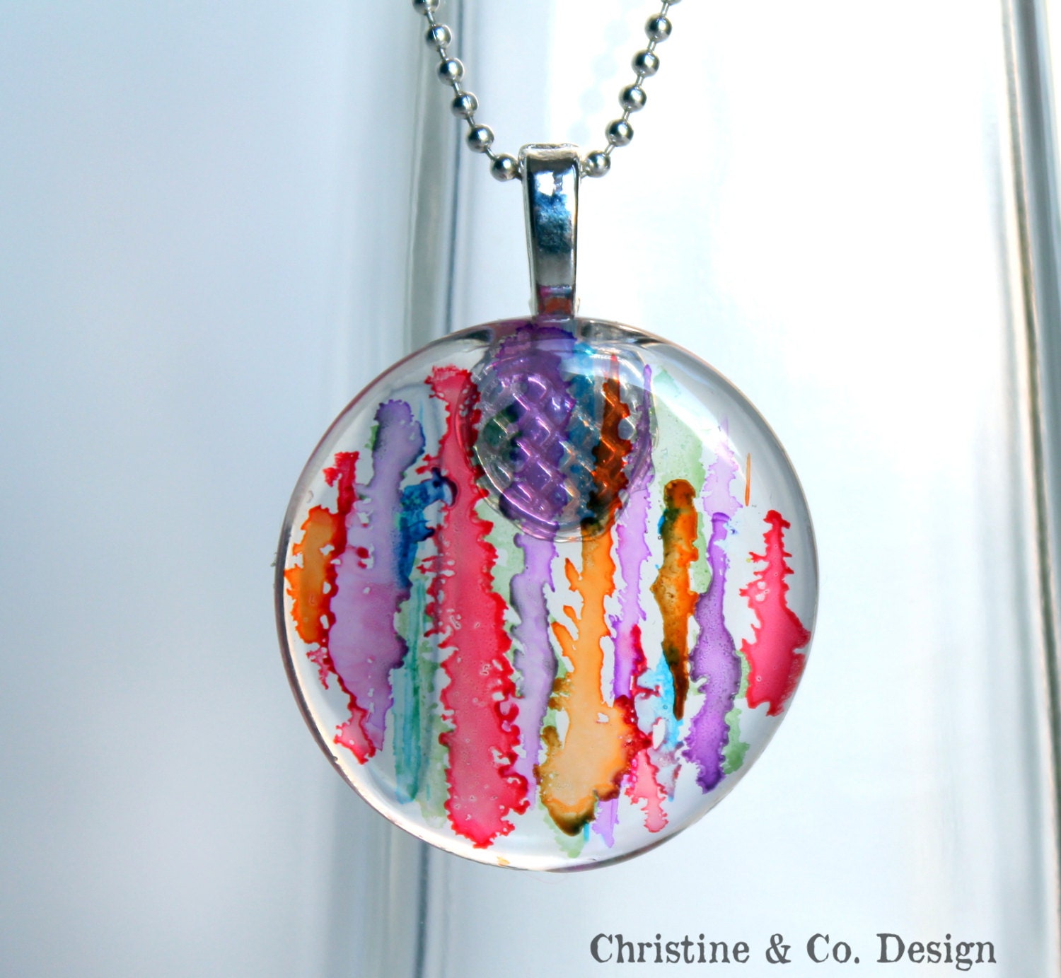 Abstract Design with Alcohol Inks on a Round Glass Pendant