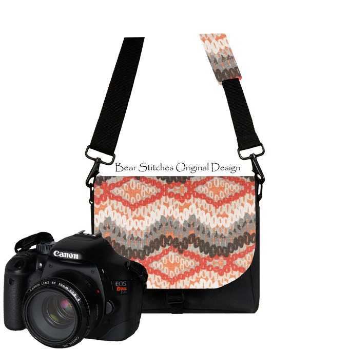 DSLR Water Resistant Camera Bag, Padded Camera Bag Slr Camera Bag - Pockets Women's, Men's, Unisex Camera Bag, Chevron Orange Gray Black