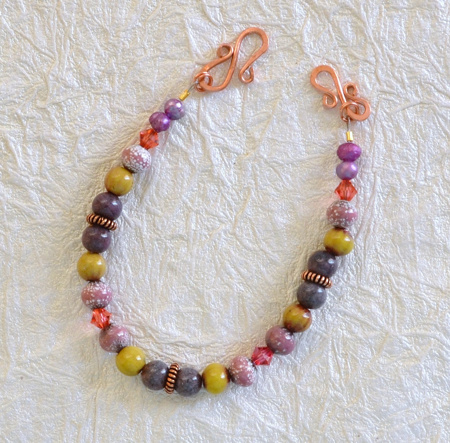 Bracelet Pink Purple and Yellow Torch Fired Enameled Copper, Swarovski Crystal Beads