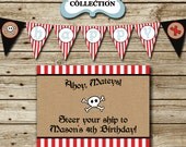 Pirate Birthday Party Pack: printable photo invitation & thank you card, banners, sign, party circles, favor tags, food/drink labels, etc.