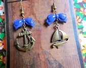 Sailor Girl. Sailboat & Anchor Earrings With Navy Blue Bow.