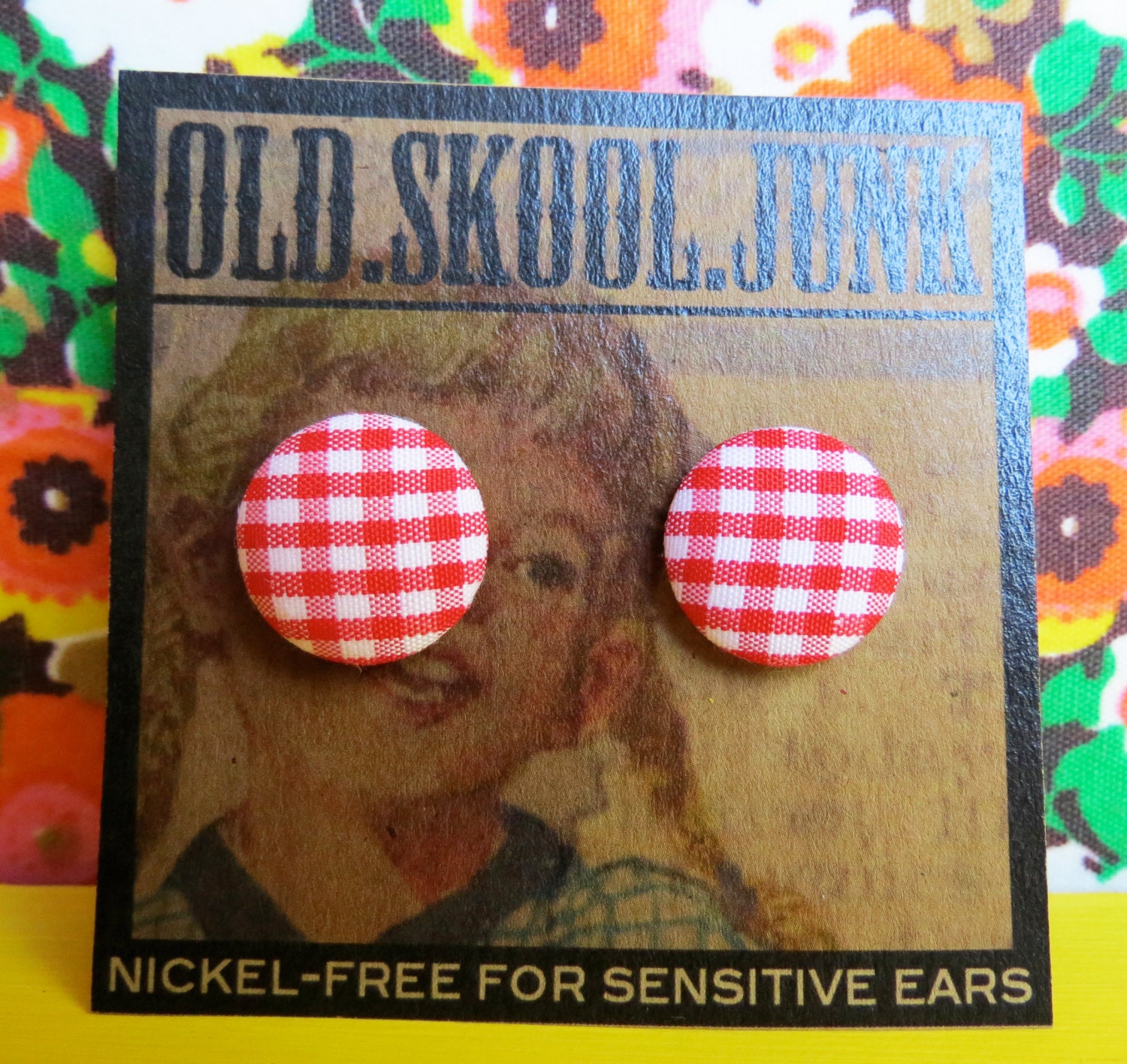 Red and White Vintage Inspired Plaid Stud Earrings