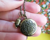 Antiqued Brass Locket with Green Swarovski Crystal Necklace.
