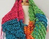 Chunky Knit Long Infinity Cowl Scarf with Lime Green / Hot Pink / Turquoise / and Bright Orange Fibers with Fringe