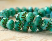 Czech Glass Bead -  Green Turquoise Opaque Picasso  - 10 - Faceted 9x6mm Crullers (cab-386)