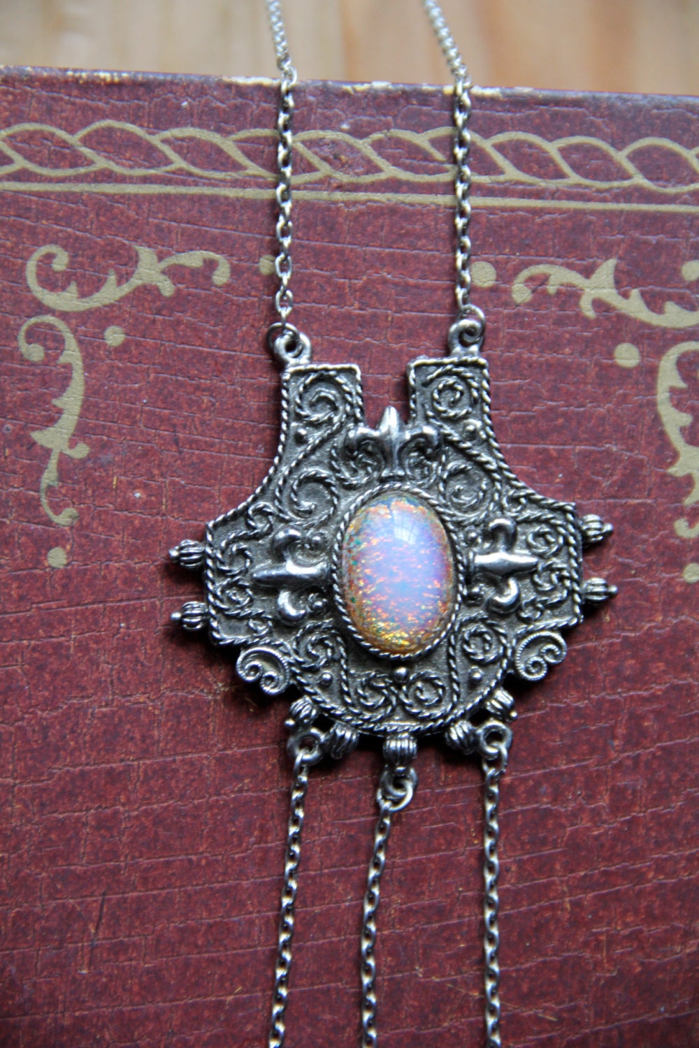 avalon - beautiful medieval inspired metal necklace with glass opal art and rose quartz