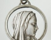 Virgin Mary Opencut Vintage Silver Medal on 18" sterling silver rolo chain