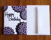 Happy birthday Card in purple and white with floral design, white envelope included
