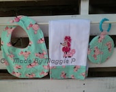 Retro Pink Poodle Giftset, bib, pacifier pod, burp pad, burp cloth, baby girl, cotton flannel, extra absorbant, aqua, pink, pacifier keeper