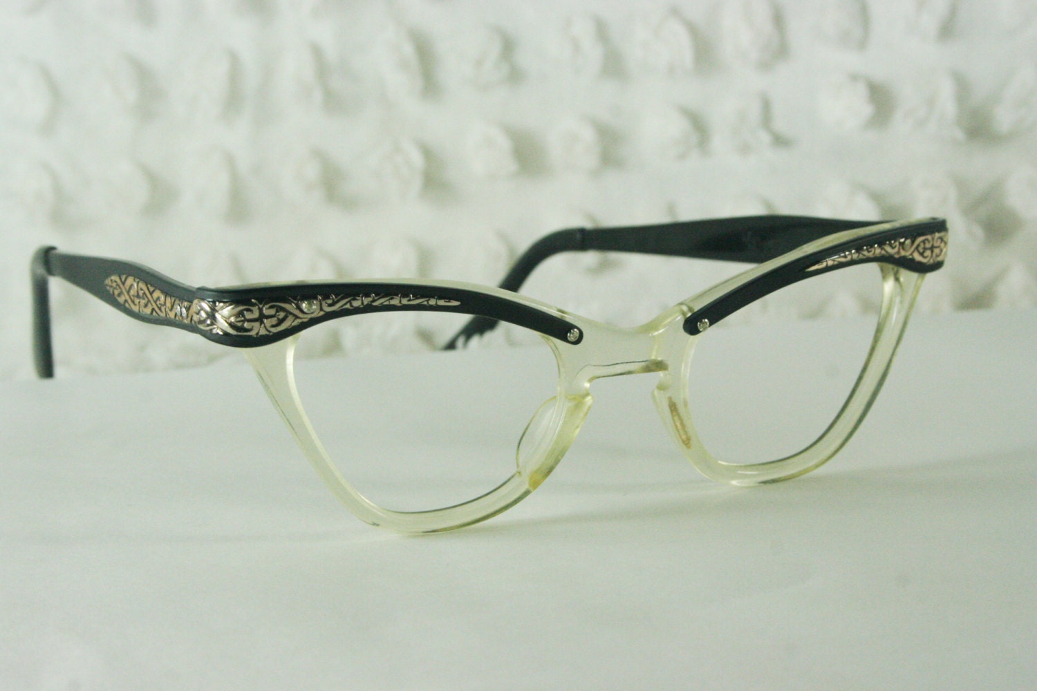 Vintage 50s Cat Eye Glasses 1960s Womens Eyeglasses Black Aluminum Two Tone Browline Clear Horn Rim NOS 42/20 US Optical Frame