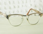 50s Cat Eye Glasses 1950's Browline Eyeglasses Aluminum Gold Bronze Etched White Gold Wire Rim Combination Frame 46/20 by US Optical AS IS