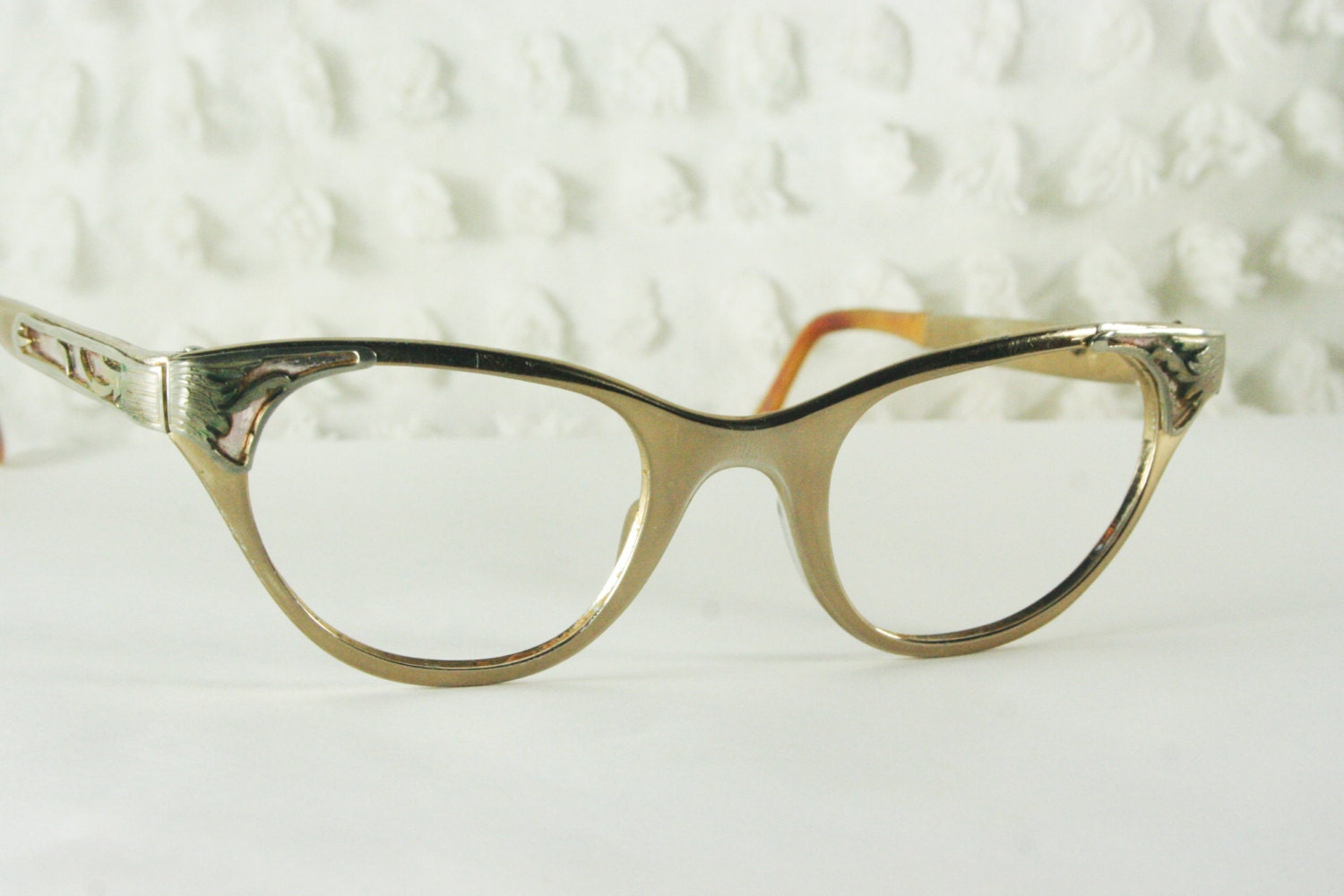 Vintage Tura 50s Cat Eye Glasses 1950's Metal Eyeglasses Aluminum Gold with Silver Filigree Applique 47/24 Metal Optical Frame