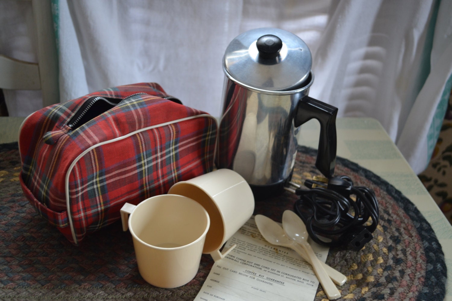 Vintage Coffee Pot Kit With Red Plaid Bag