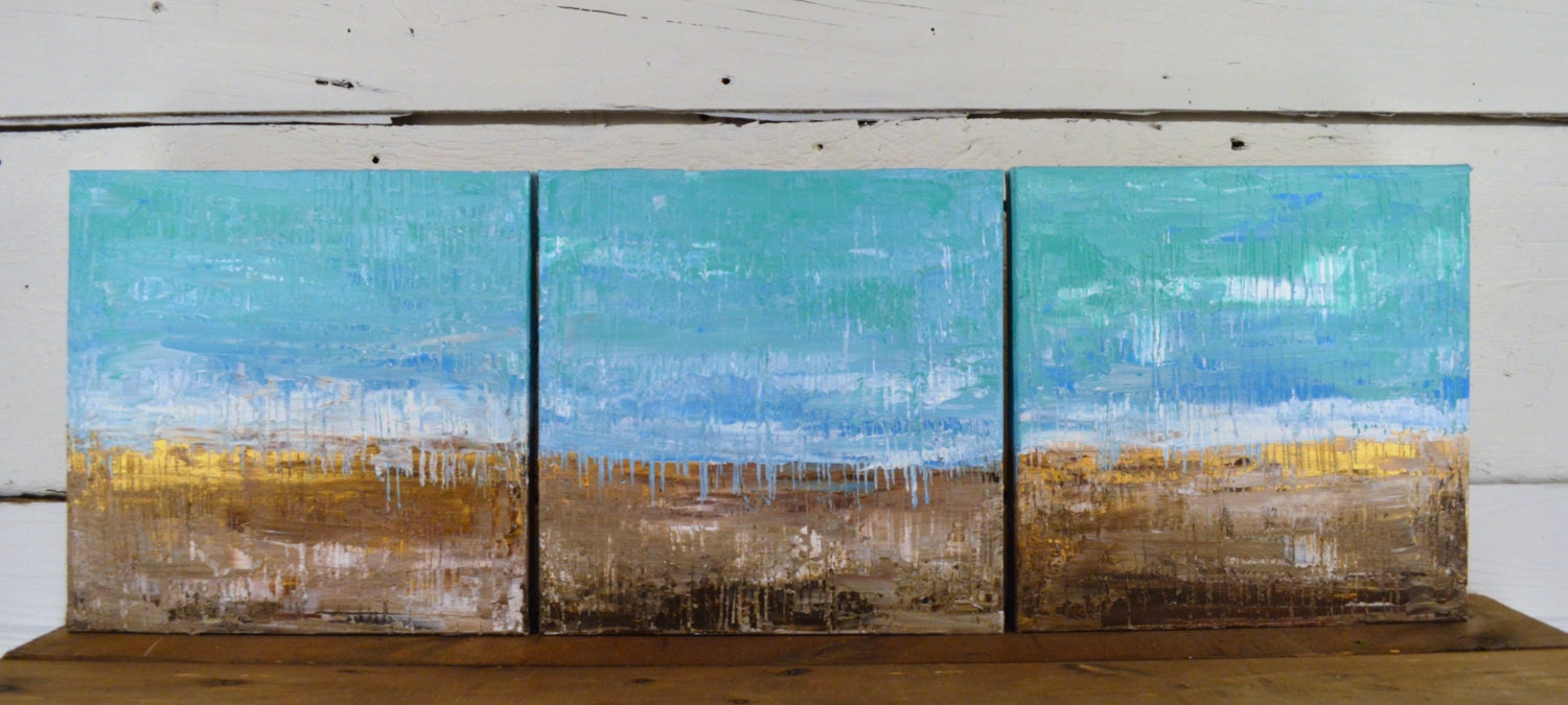 Abstract Beach Waves Teal Blue Golds Browns Textured Multi Panel, 12x36 by MyImaginationIsYours