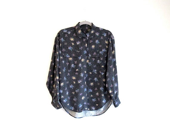 Button Up Oxford Shirt - Polka-dot. Floral. Print. Black. White. Trend. 90s - Womens Shirt