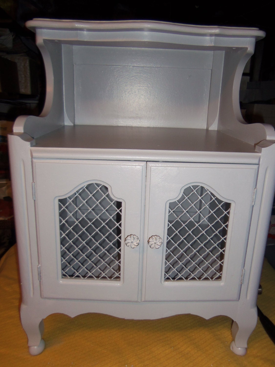PAIR of French 2 door wire mesh Dove Grey Vintage Bedside Nightstands beautiful curves