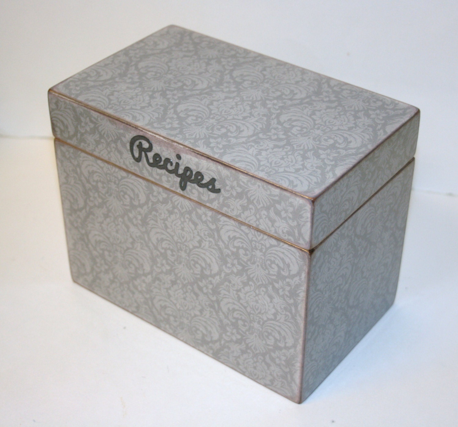 Recipe Box - Grey on Grey Damask Handmade 4x6 Wooden Wedding Guest Book Box or Recipe Box
