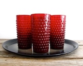 Vintage Red Hobnail Glasses - Tall Water Glasses - Ruby Red Glassware