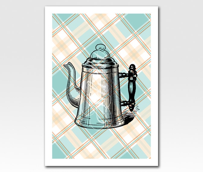 Art Print Coffee Pot Plaid Background Home Décor Kitchen A3 Print Original Design by Adidit Print no. 234