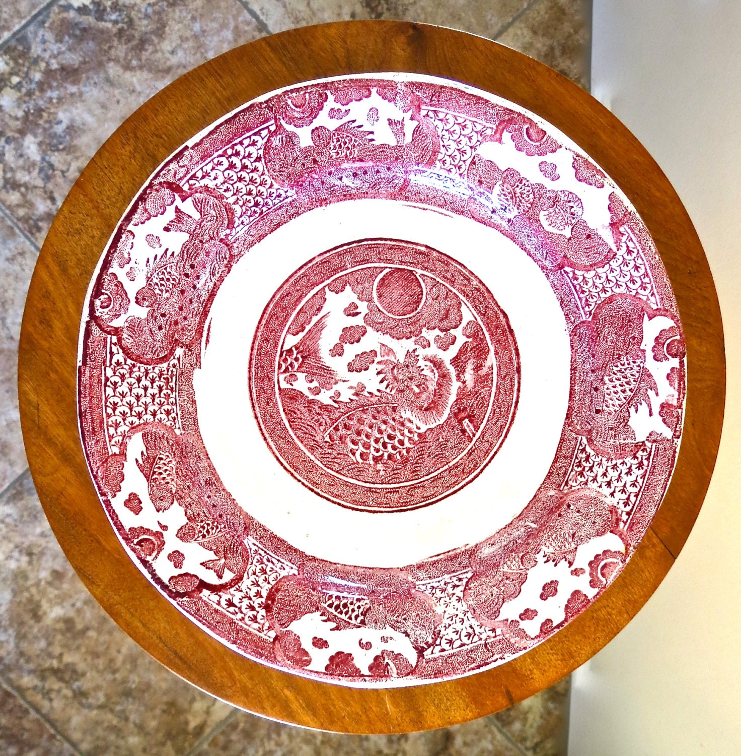 Red Japanese Vintage Plate Underglazed Leaping Carp Chinese Asian Signed & Marked