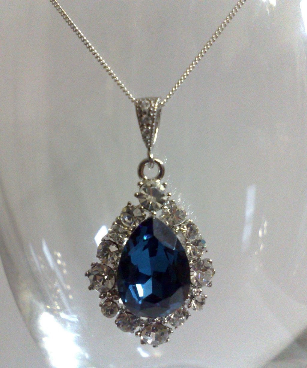 Something Blue Navy Bridal Necklace, Oval Teardrop Swarovski Pendant, Wedding Party Bridesmaids Jewelry, BIJOUX NAVY