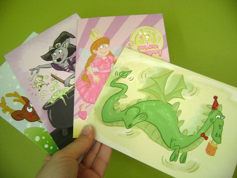 Set of 4 Blank Greeting Cards 5 X 7-  Cute Cartoon Dragon Fairy Cat Witch - You choose the designs