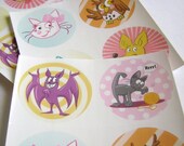 Cartoon Illustration Stickers - Set of 12 Animals Stickers - Childrens Stationnery Envelopes Decoration Penpal