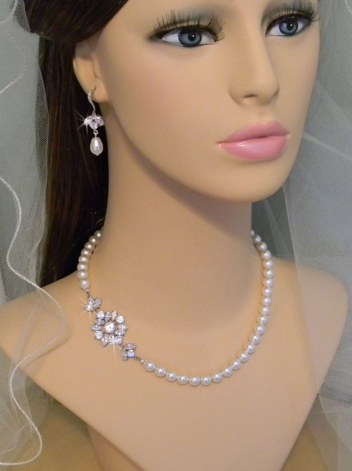 Bridal Jewelry Pearl Wedding Necklace Bridal earrings Swarovski Crystal rhinestone Swarovski Pearl, Wedding jewelry, Samantha Set