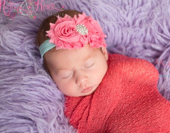 15% off ur order Baby Girl Headband.Newborn Headband.Headband..Shabby Chic Coral Double Flower Headband..Infant headband.Baby Headbands