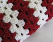 Crochet Red & White Granny Chic Throw / Blanket / Afghan with Scallop Edge