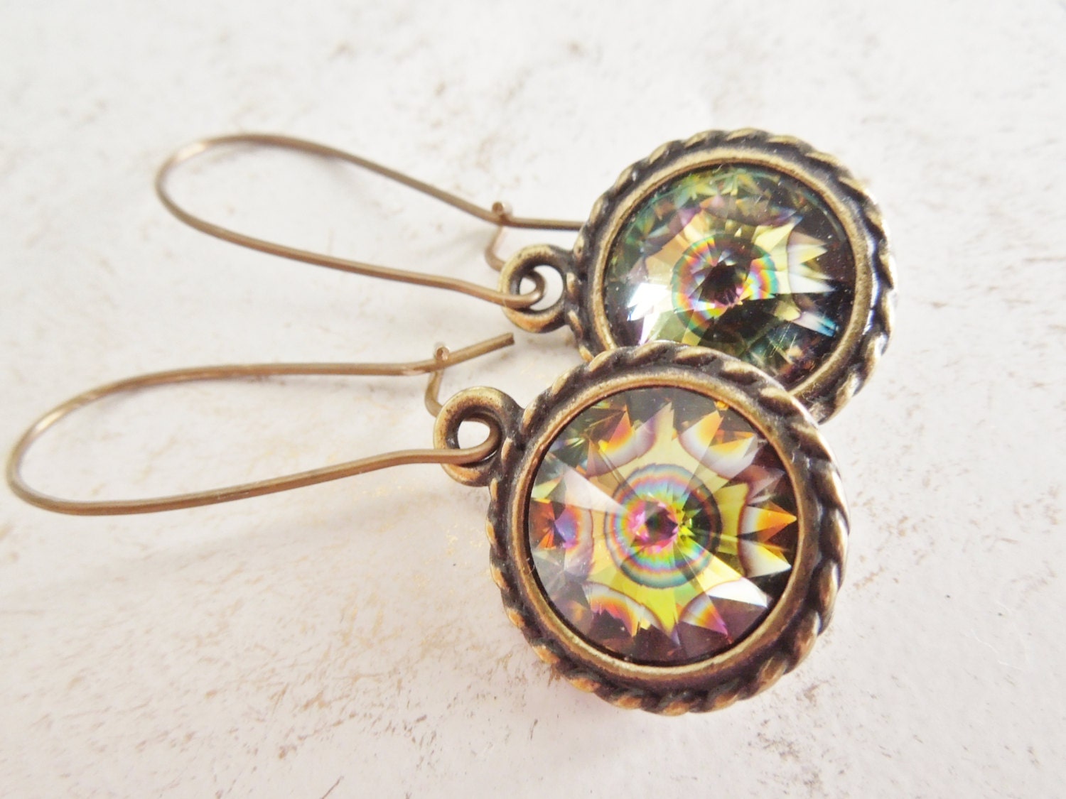 Vintage Peacock Eye Swarovski Earrings, Super Sparklers, Long Crystal Colorful Rivoli, Peacock Carnival, Nickel Lead Free.Wedding