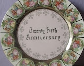 Antique 25th Anniversary plate, Japan, with wall hanger, silver plate, vintage 1950's gift, French victorian couple, shabby chic decor