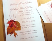 Fall Wedding Invitation Custom Pocketfold Elegant Autumn Leaves Rust Brown Copper Red Traditional Leaf Bouquet Grasses Satin Ribbon Wrap