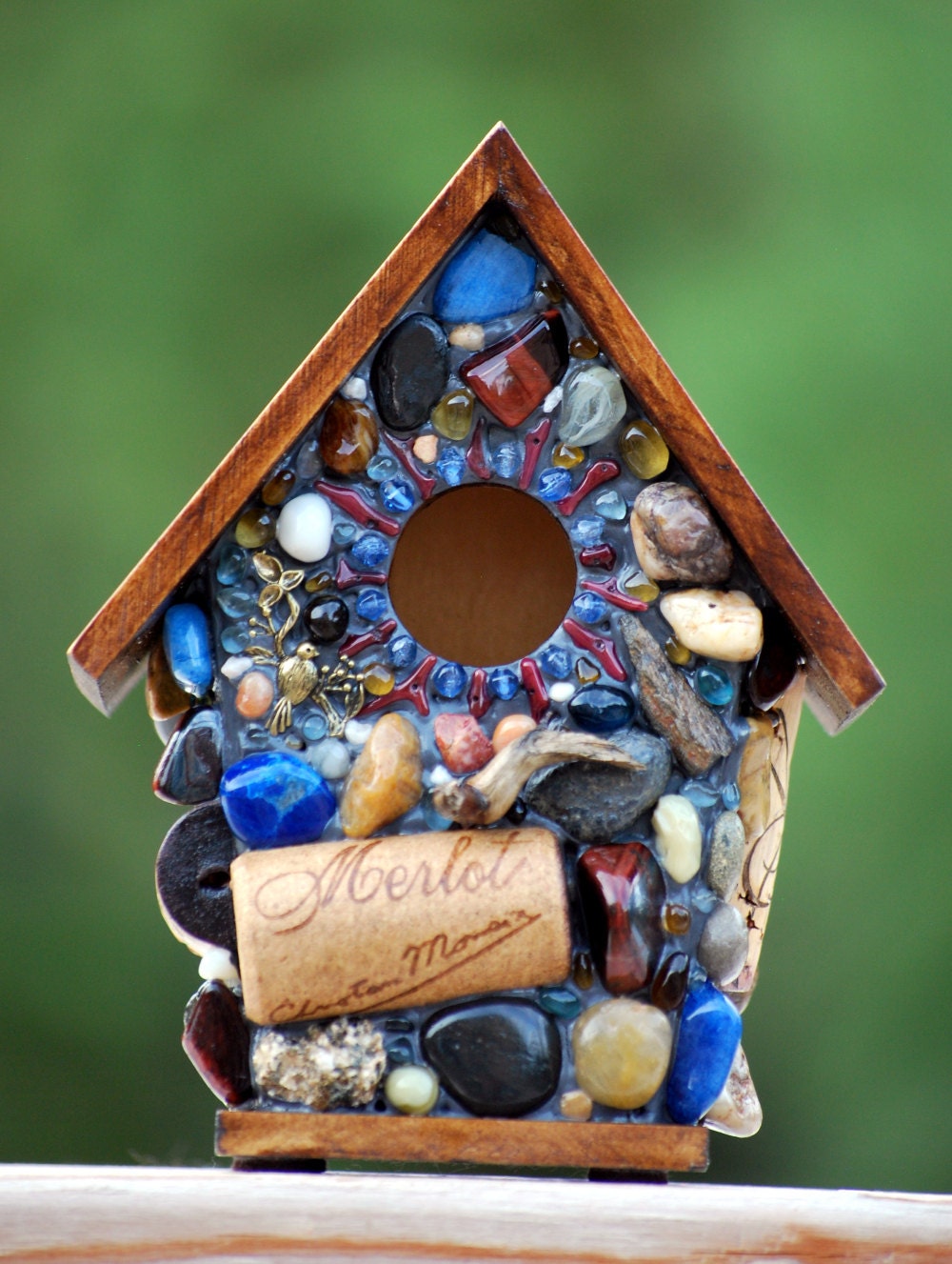 Merlot Garden Birdhouse Mosaic Blues and Wine Corks