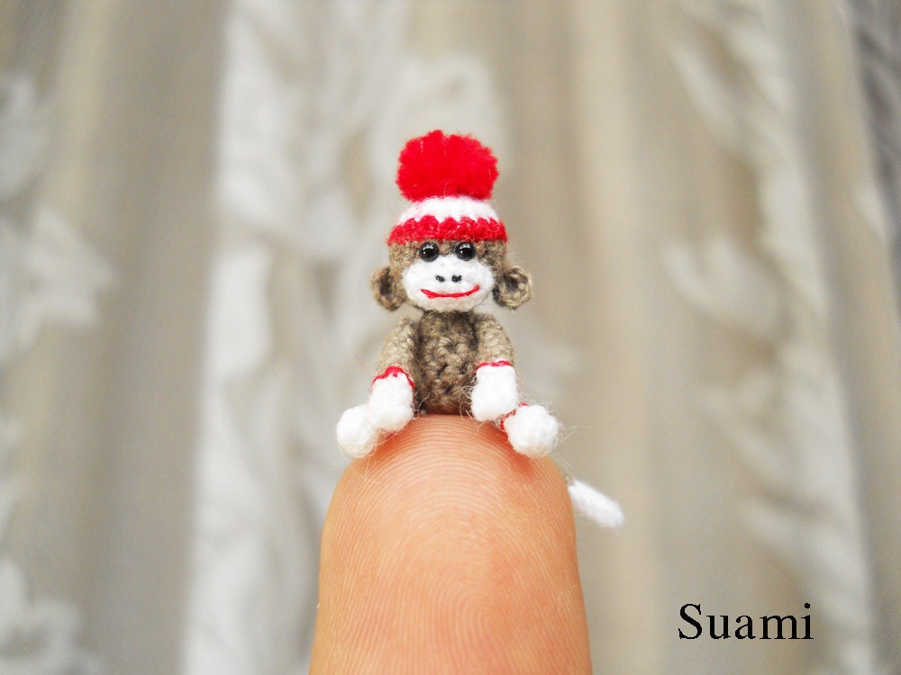 Sock Monkey Pom Pom Hat - 1 Inch Tiny Crocheted Gray Sock Monkeys - Made To Order