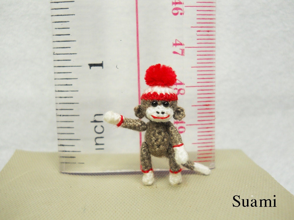 Sock Monkey Pom Pom Hat - 1 Inch Tiny Crocheted Gray Sock Monkeys - Made To Order