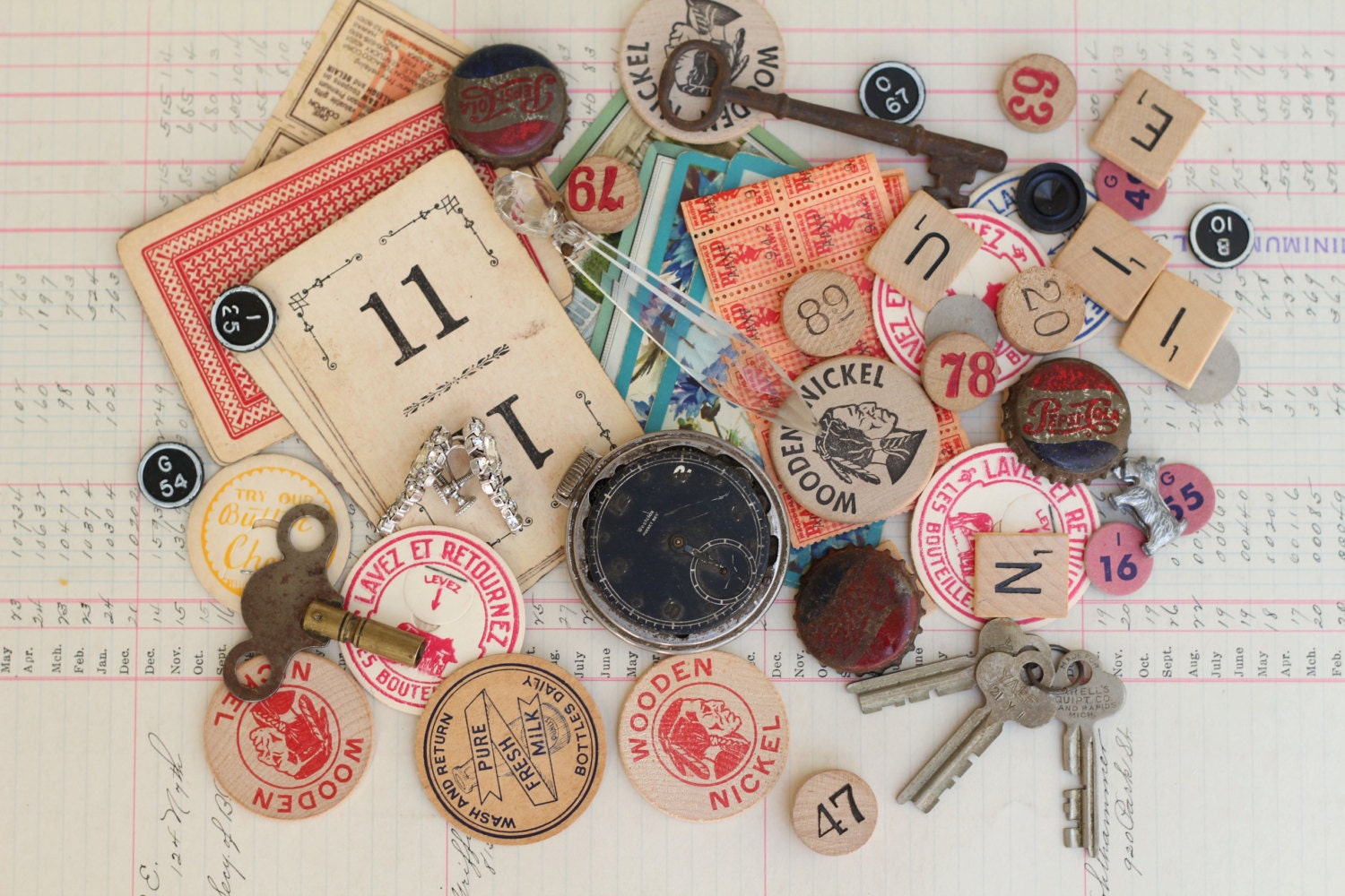 Vintage Mixed Media Lot, Skeleton Keys, Cards, Bingo Pieces, Watch Face, Scrabble Tiles