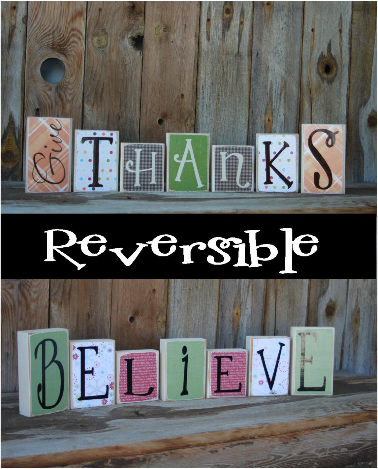 Reversible - Believe& Give Thanks wood Block Letters - Vinyl Lettering