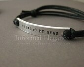 Boys Bracelet, "my dad is my hero" in all caps, Stamped Boys Bracelet, with adjustable black cord